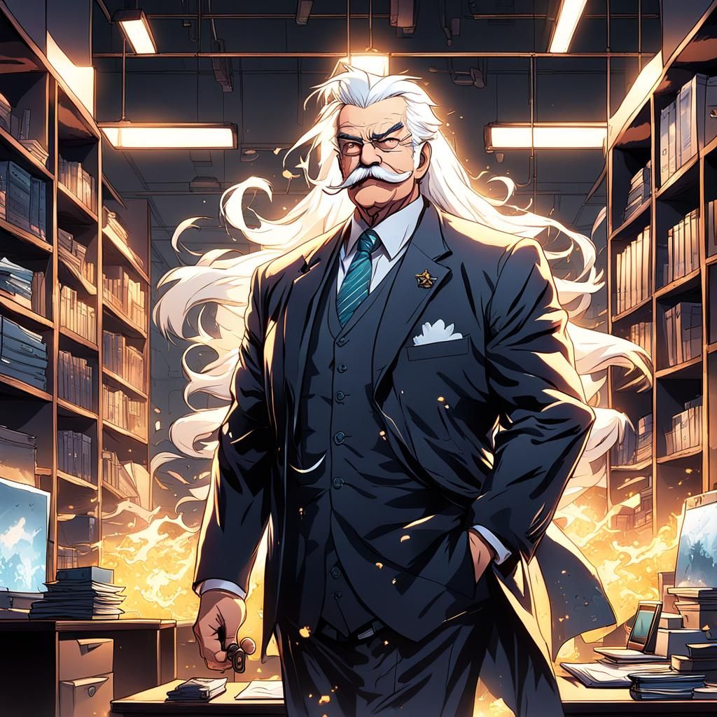 Cheerful Old Man in Office: Anime Style
