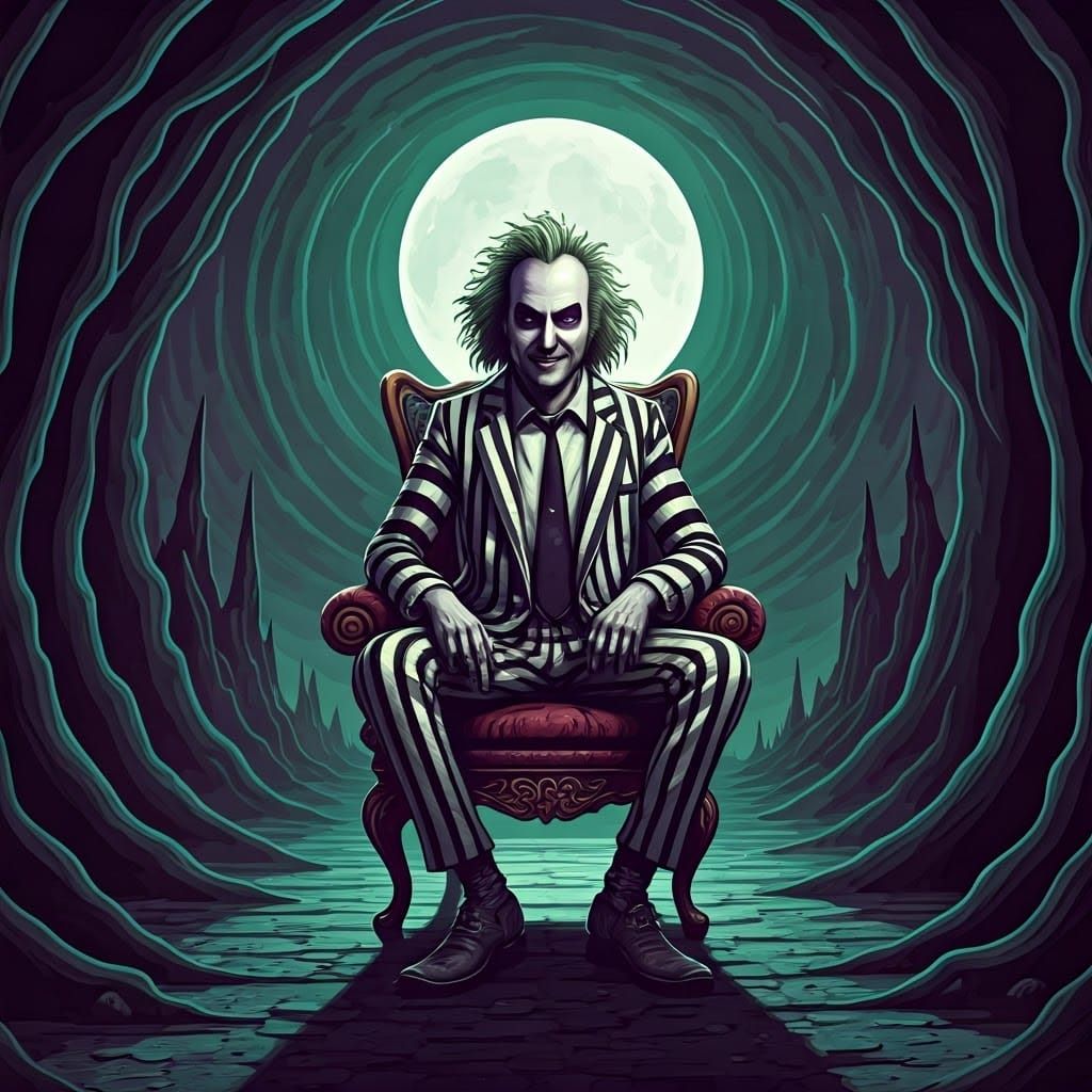 Grinning Beetlejuice in a Gothic Nightmare Landscape