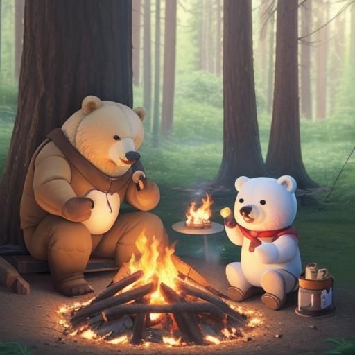 Adorable Bears Enjoy Marshmallow Smores Fireside
