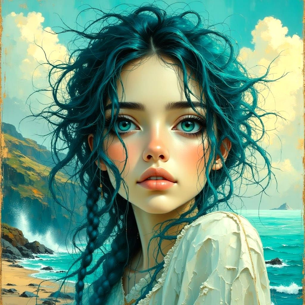 Teal-Haired Woman Portrait with Turquoise Ocean