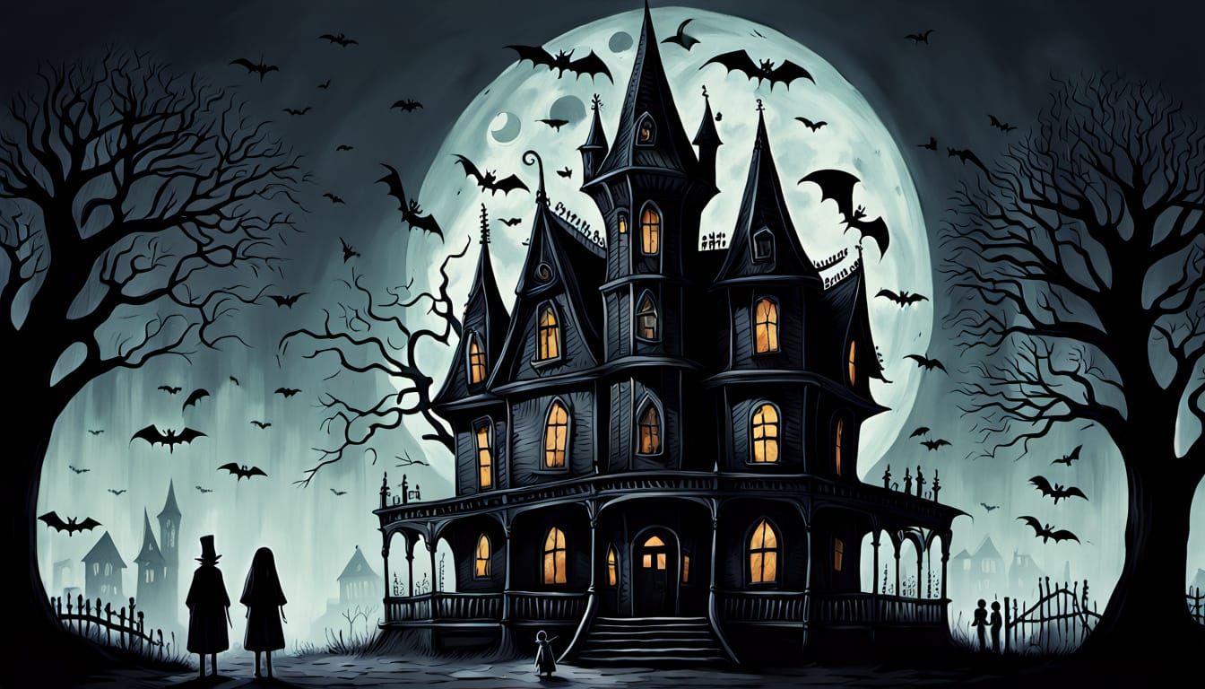 Gothic Halloween Scene: Children at Haunted House