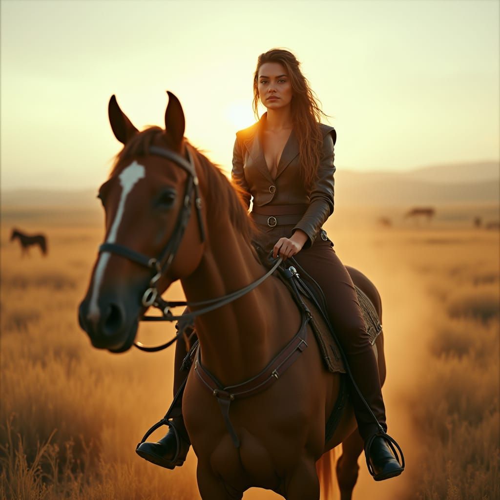 Surreal Leather-clad Woman Rides Horse Through Golden Landsc...