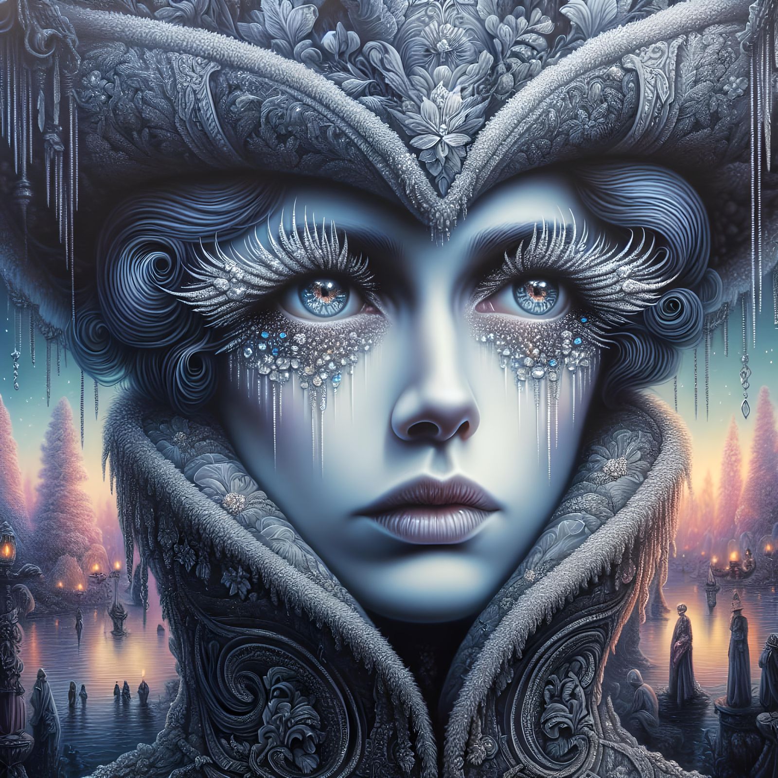 Victorian Figure with Crystalized Lashes in Fantascape