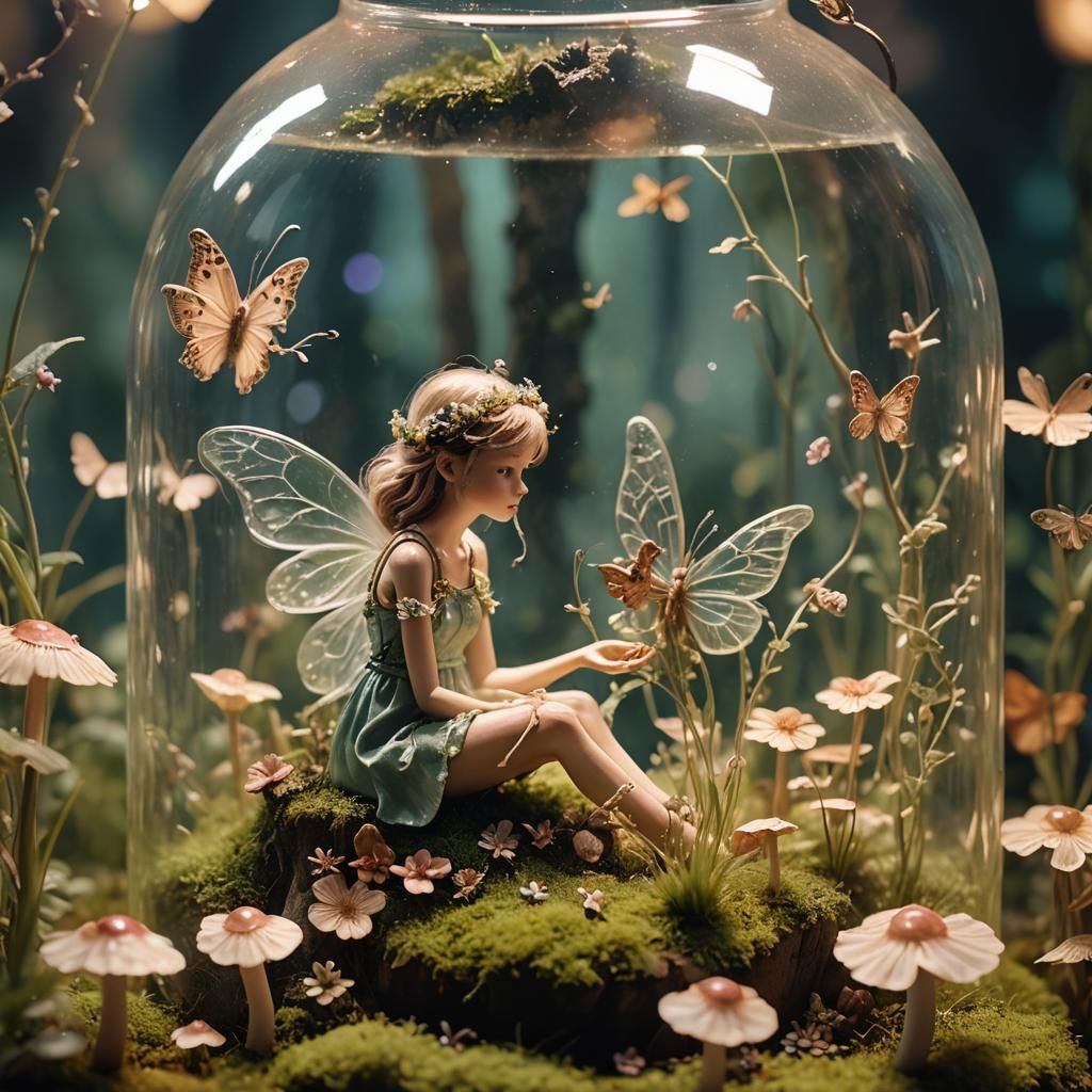 Fairy in Terrarium with Butterflies, Cinematic Film Still