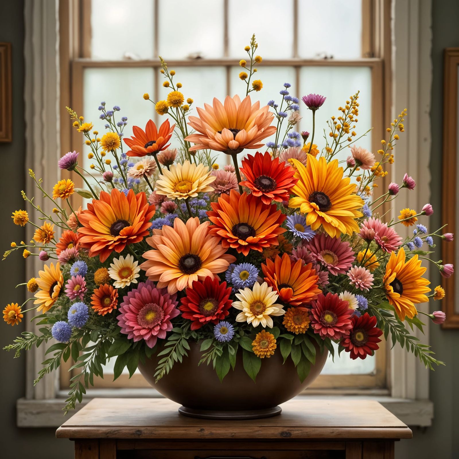 Vibrant Fall Flower Arrangement in Ceramic Bowl