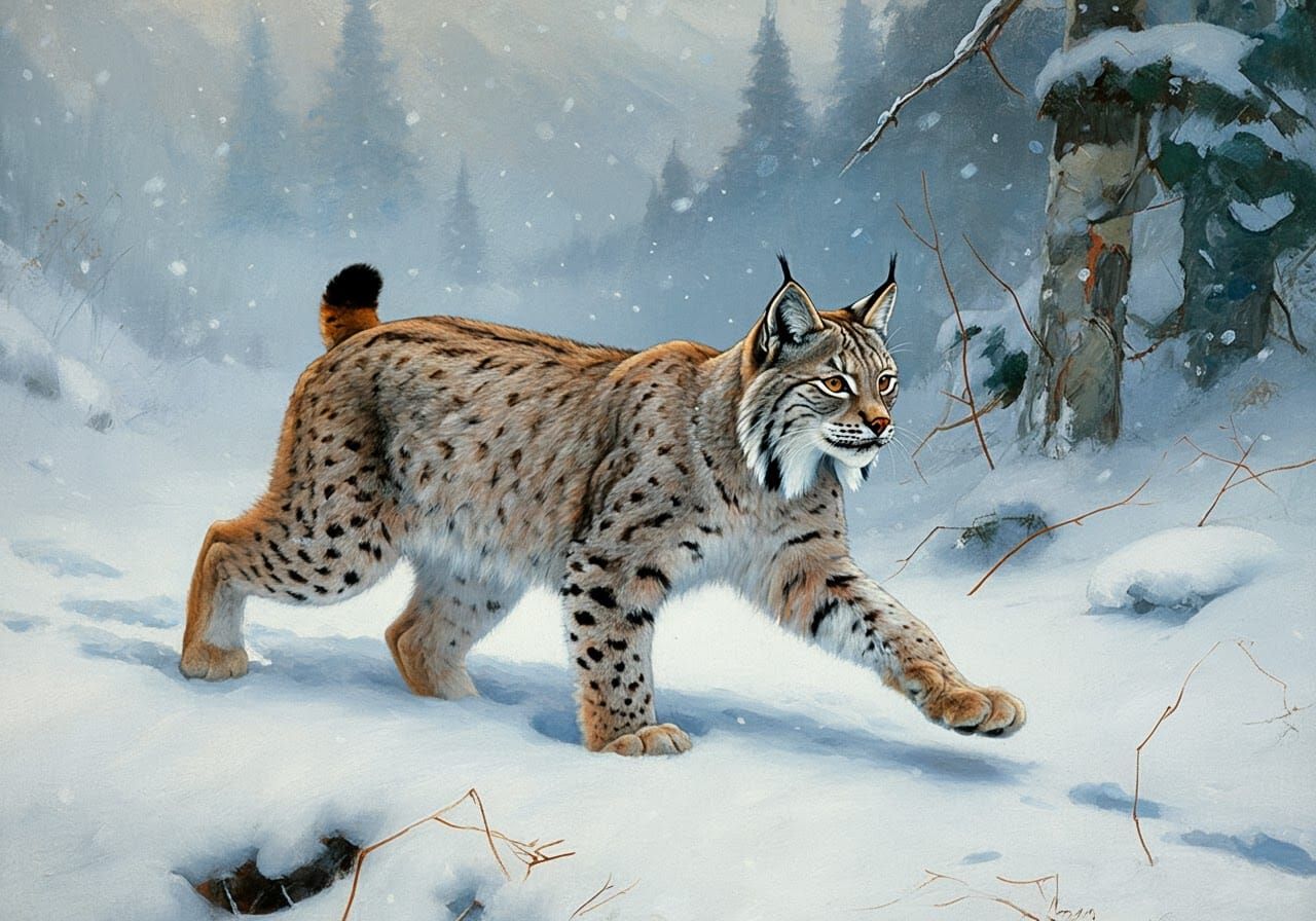 Lynx in Snowy Forest: Wildlife Painting