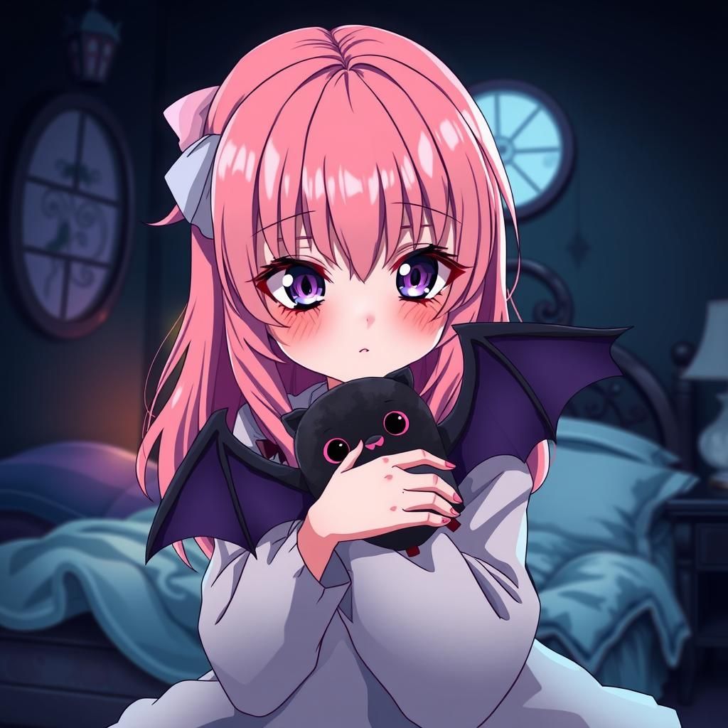 Girl Hugging Bat Plushie in Gothic Anime Style