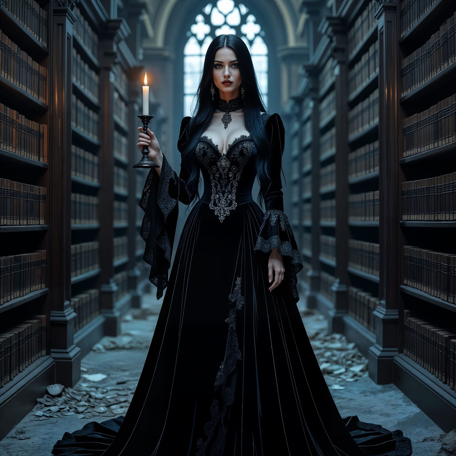 Gothic Woman in Dilapidated Library: Victorian Art
