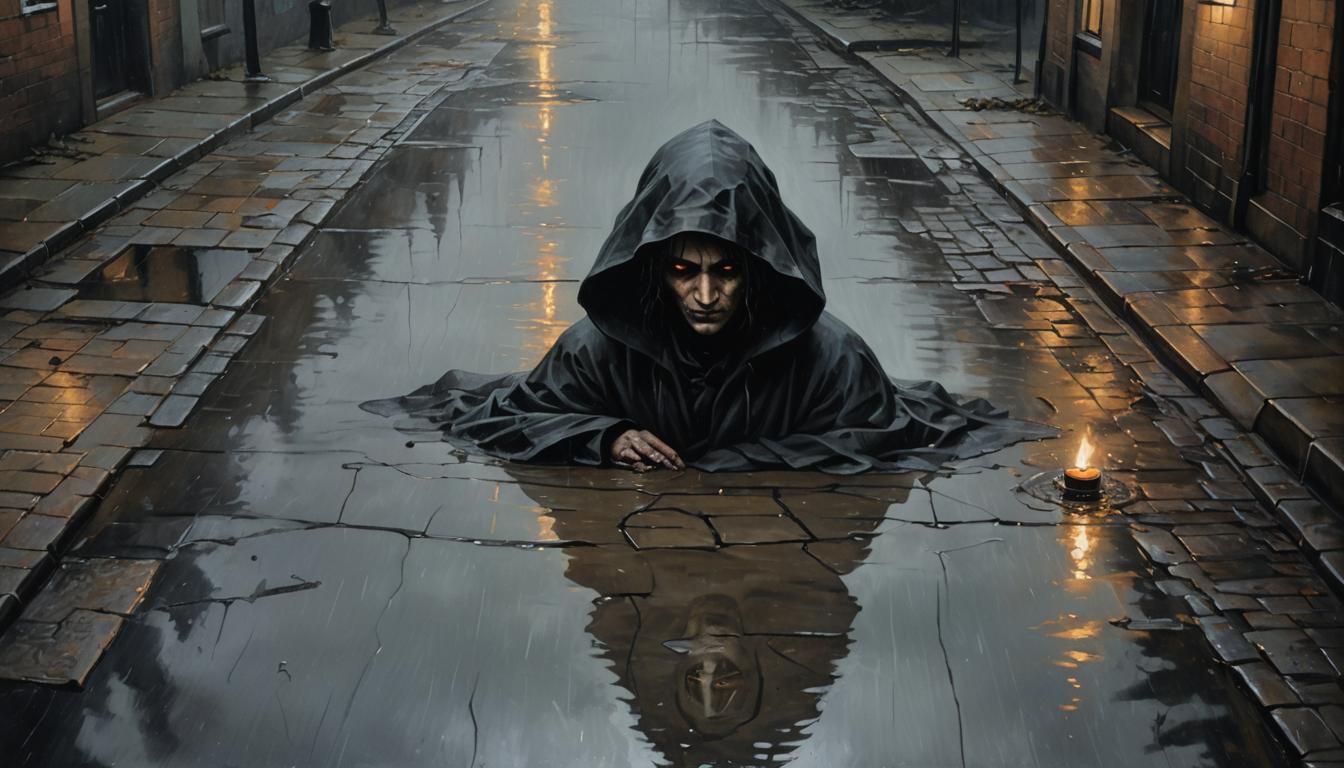Ominous Phone Glow on Rain-Soaked Street in Gothic Style