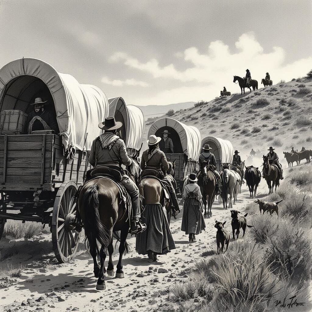 Old West Settlers and Native Americans in Charcoal Drawing S...