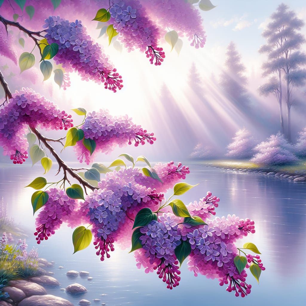 Lilac Branch Over Pond in Airbrush Style