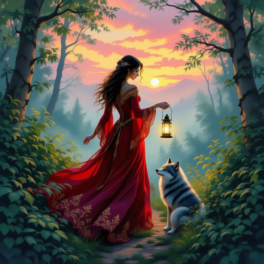 Woman with Wolf in Mystical Forest Painting