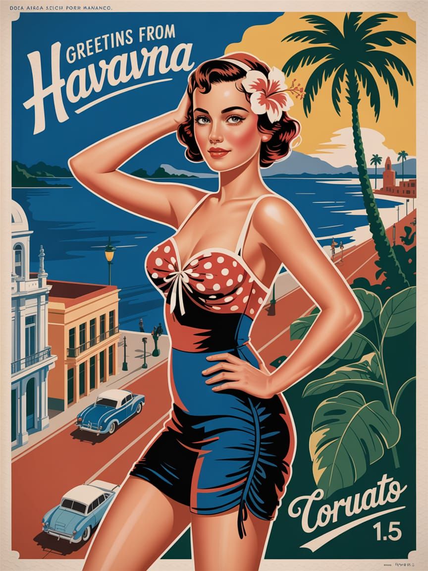 Havana Art Deco Travel Poster with Polka Dot Model