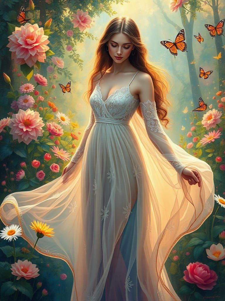 Ethereal Woman in Vibrant Garden, Impressionistic Style