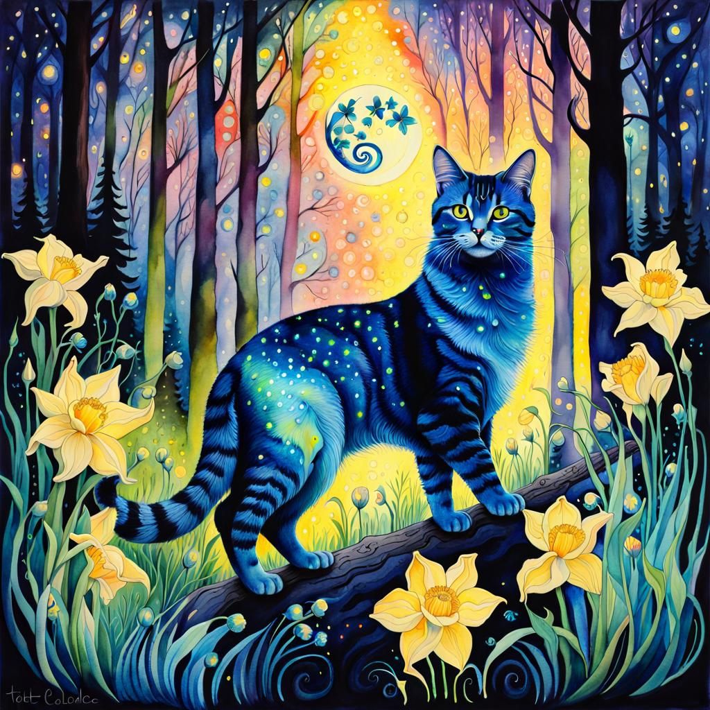Bioluminescent Cat Dancer in Spring Forest Watercolor