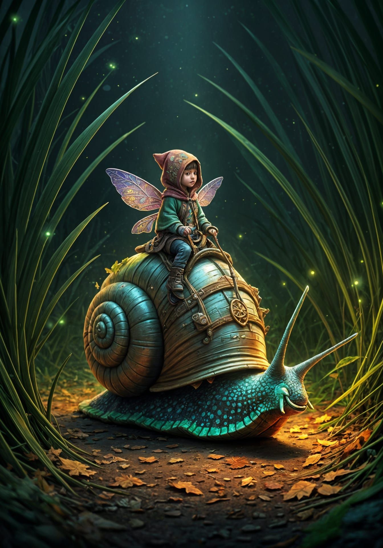 Pixie Adventurer Rides Bioluminescent Snail in High Fantasy