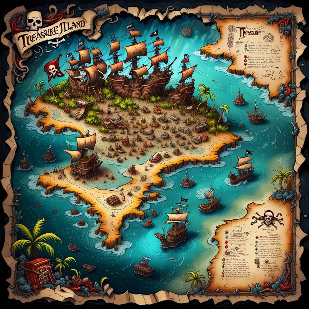 Detailed Pirate Treasure Map in Graffiti Art Style
