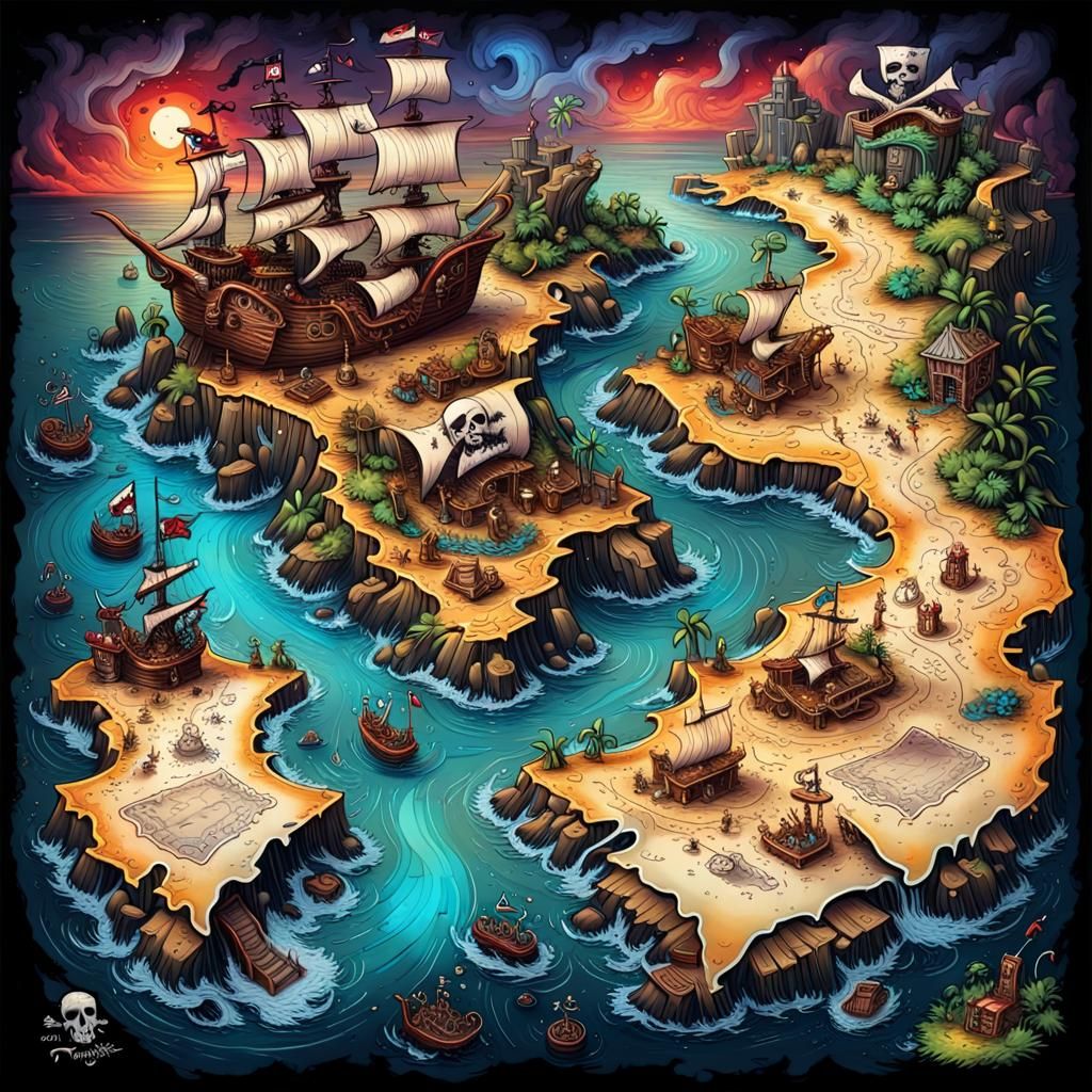 Detailed Pirate Treasure Map in 3D Graffiti Art