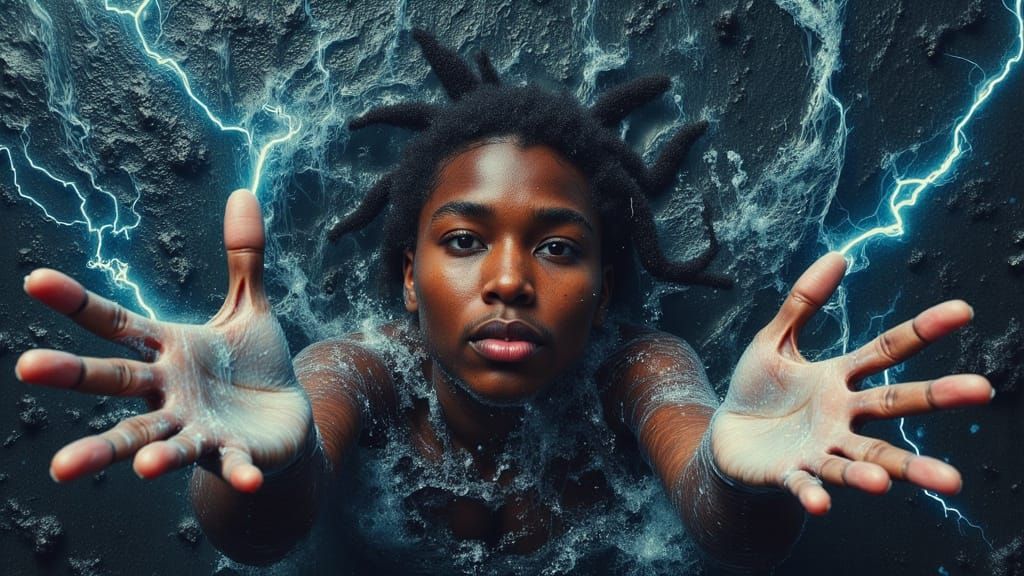 Muscular Man Emerges from Water in Cyberpunk Style