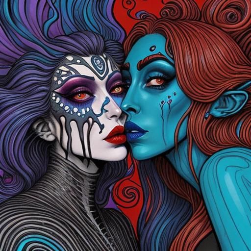 Surreal Kiss: Red Lips Meet Blue in Trippy Art