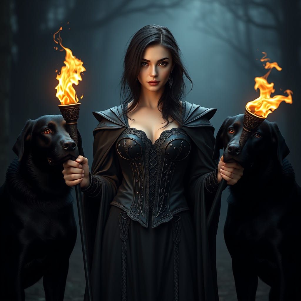 Regal Woman in Byzantine-Inspired Portrait with Dogs