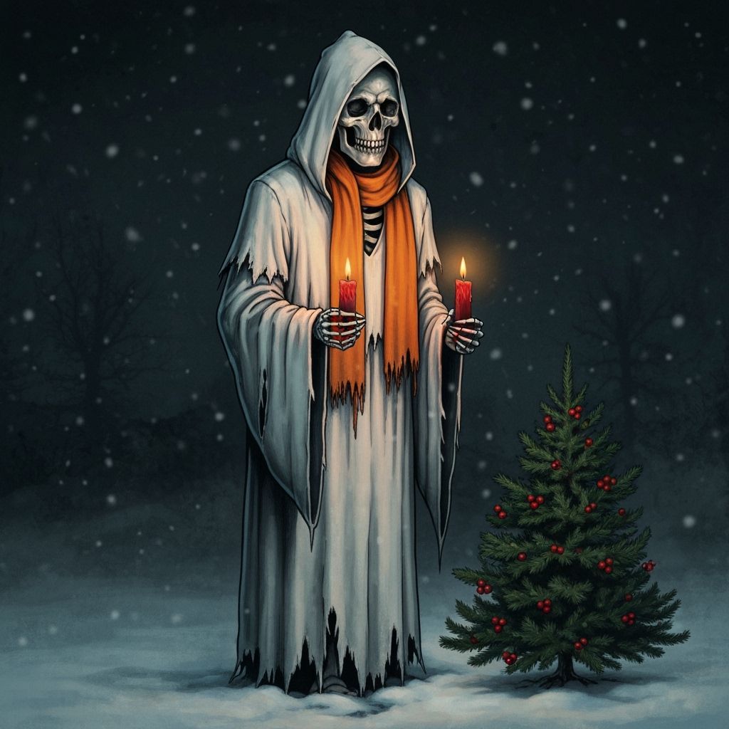 Gothic Skeleton in Snowy Christmas Landscape Illustration
