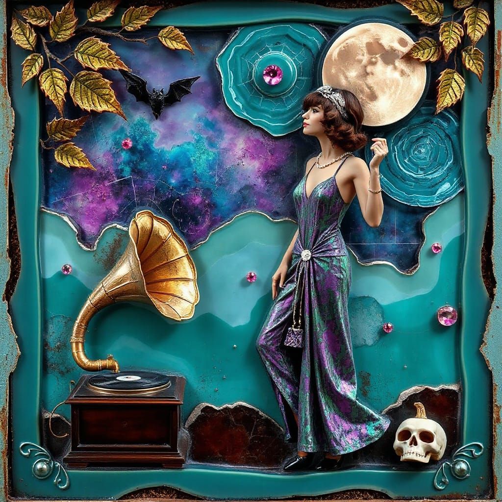 Vintage Flapper Girl in Shimmering Tropical Nightclub