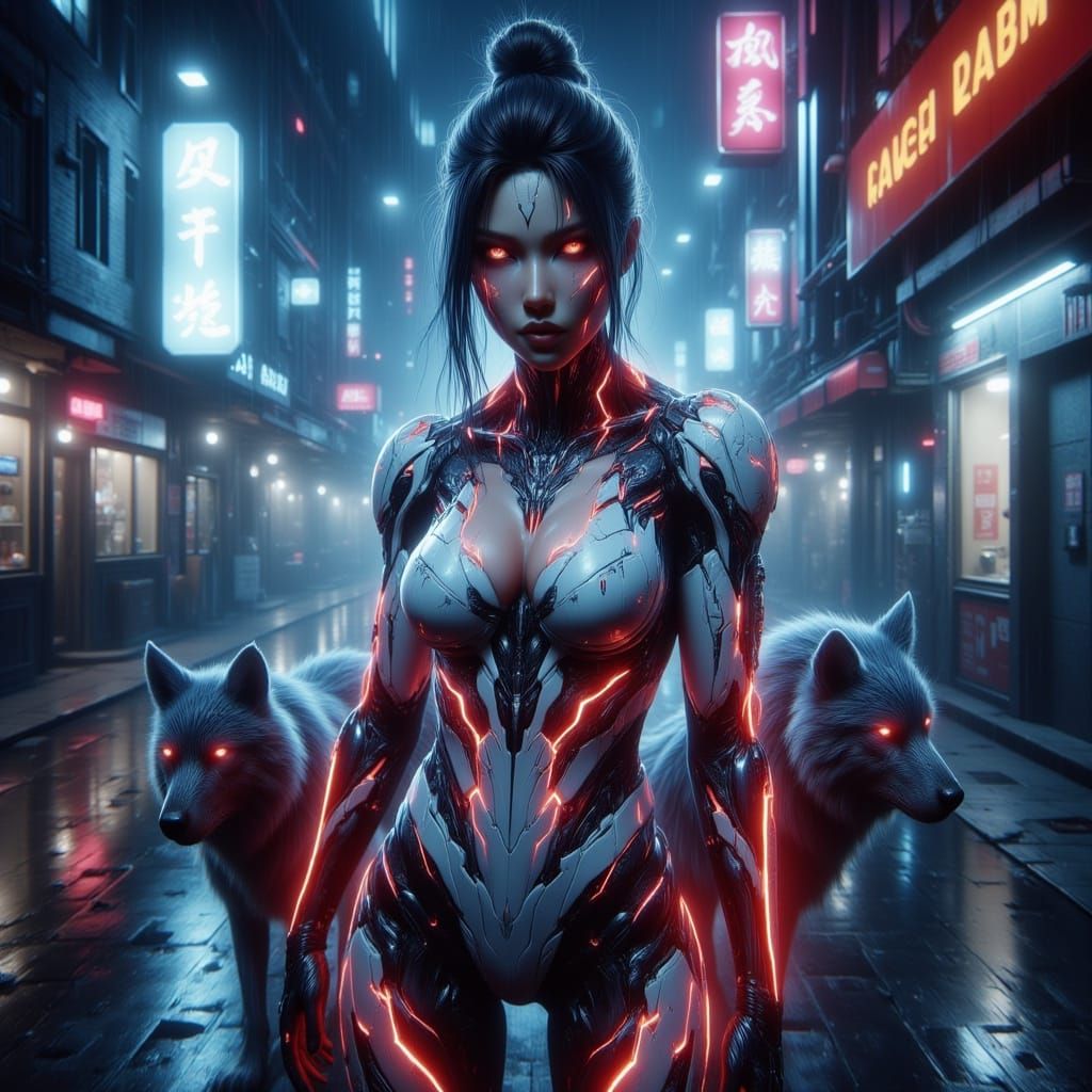 Cyberpunk Warrior with Cyber Wolves in Neon City
