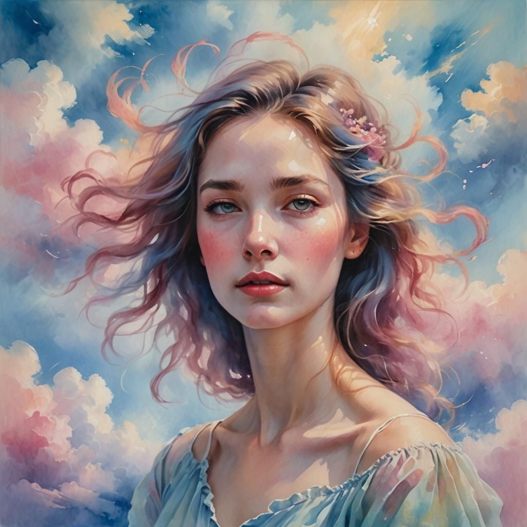 Ethereal Woman Floating in Clouds: Oil Painting