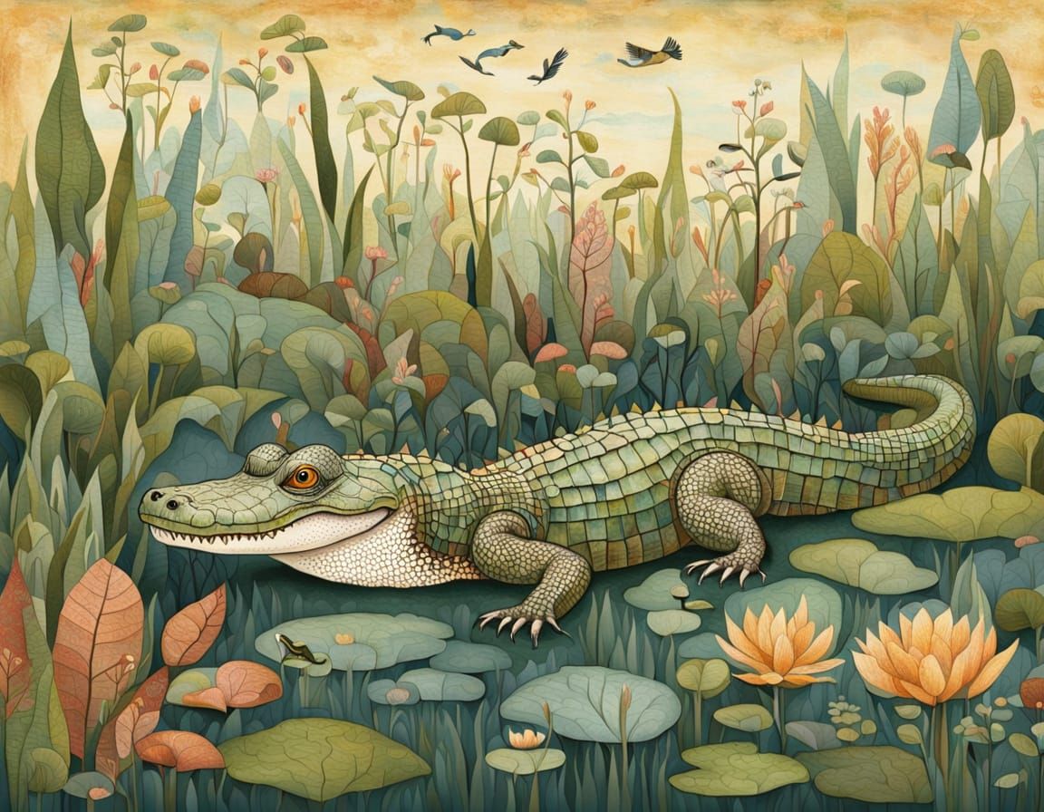 Alligator in Wetlands: Whimsical Illustration