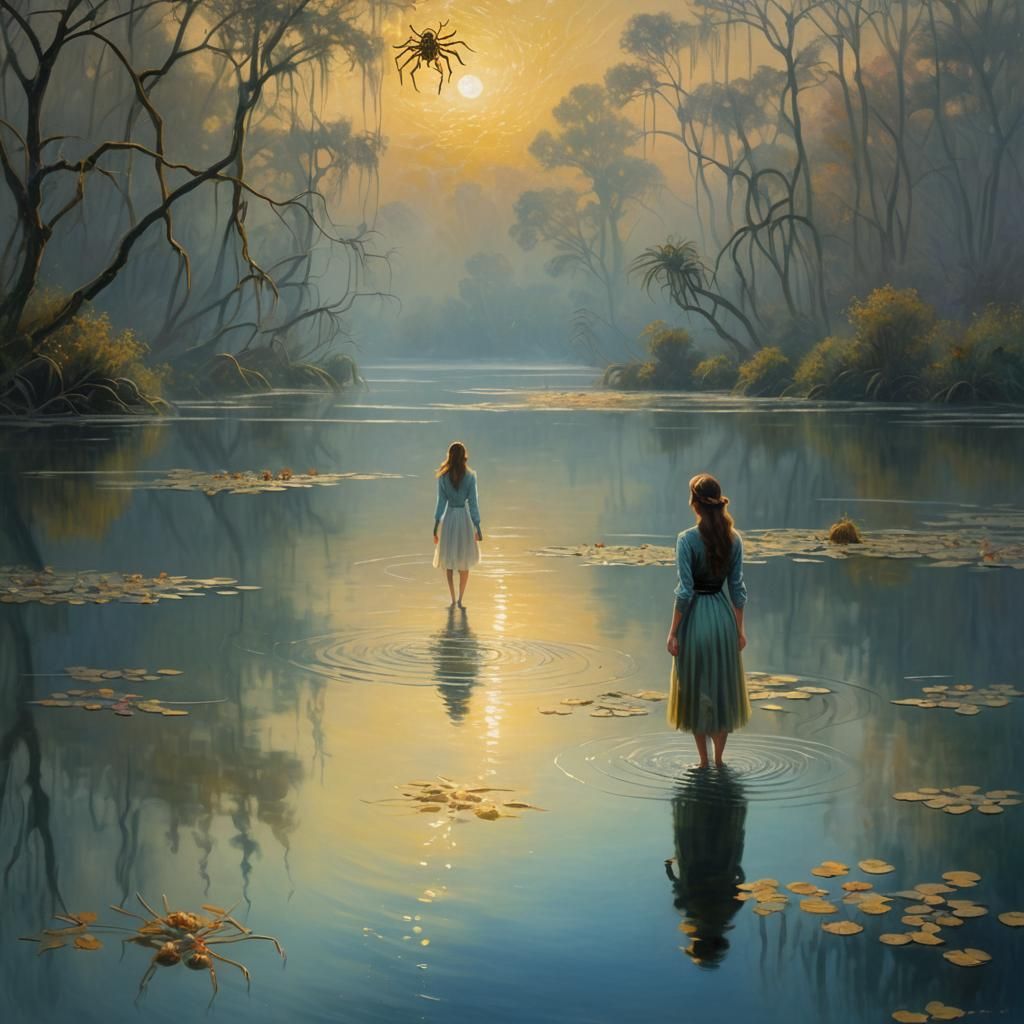 Lady and Golden Spider in Misty Lake: Impressionist Style