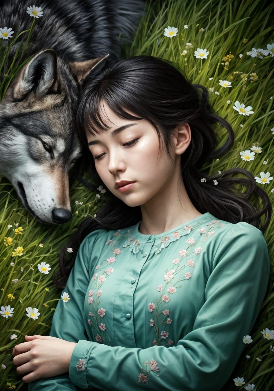 Sleeping Beauty with Wolf, Art Nouveau Style