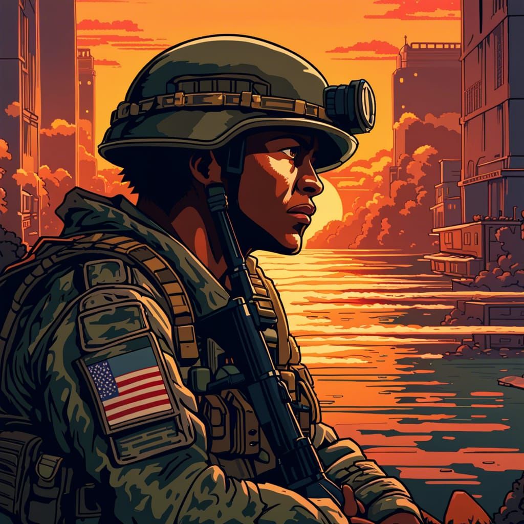 Soldier Resting at Sunset in 8-bit Style