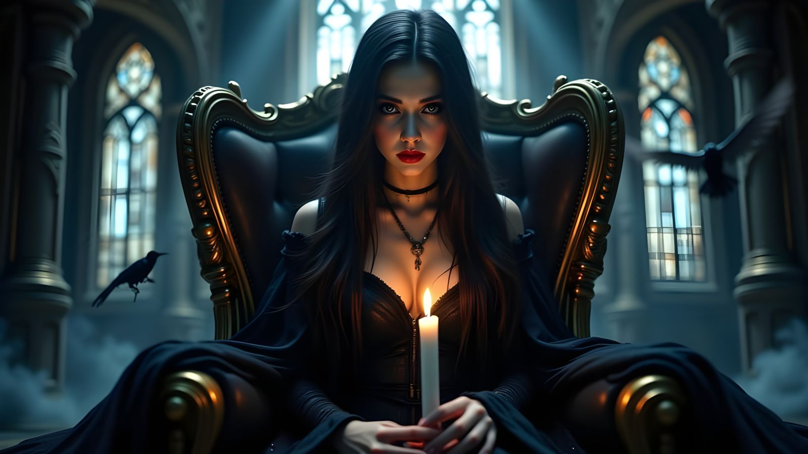 Lady Death sitting on an ancient stone throne in a ruined ca...