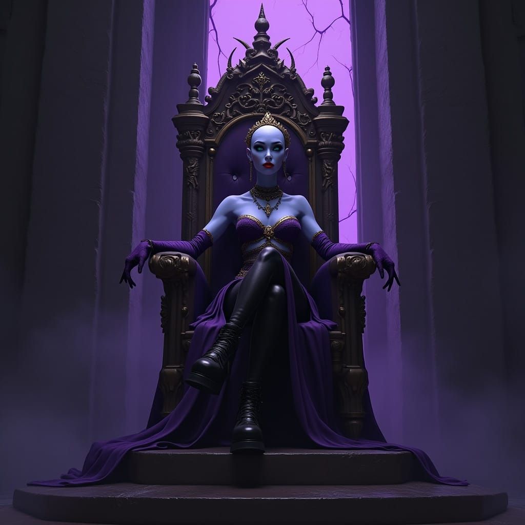 Dark Fantasy Woman Reigns Supreme in Throne Room of Shadows