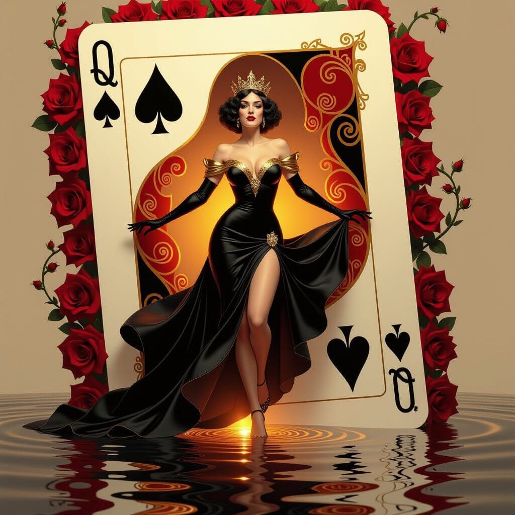 Queen of Spades Emerges from Ornate Card