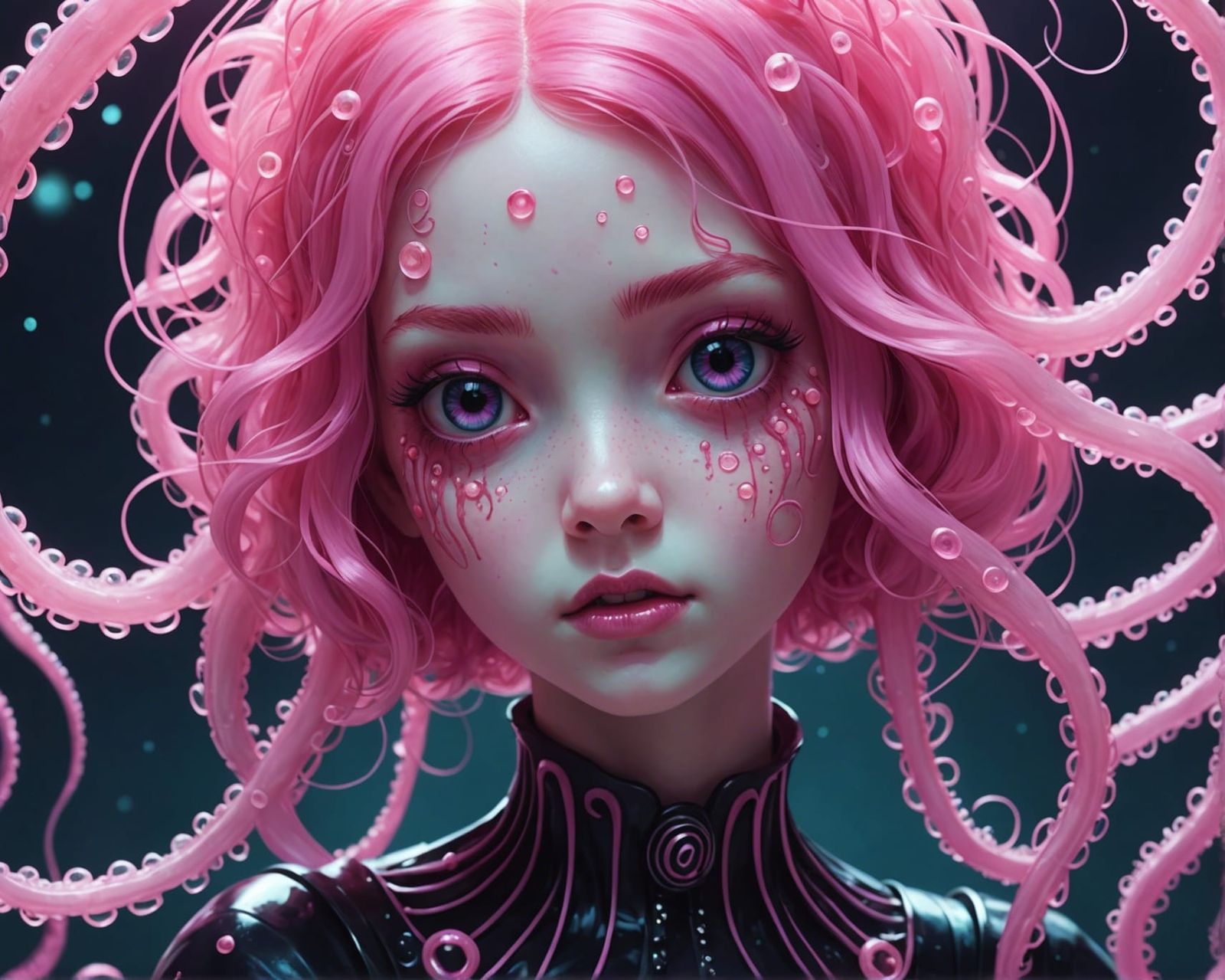 Creepy Jellyfish Girl Close-Up with Glowing Tentacles