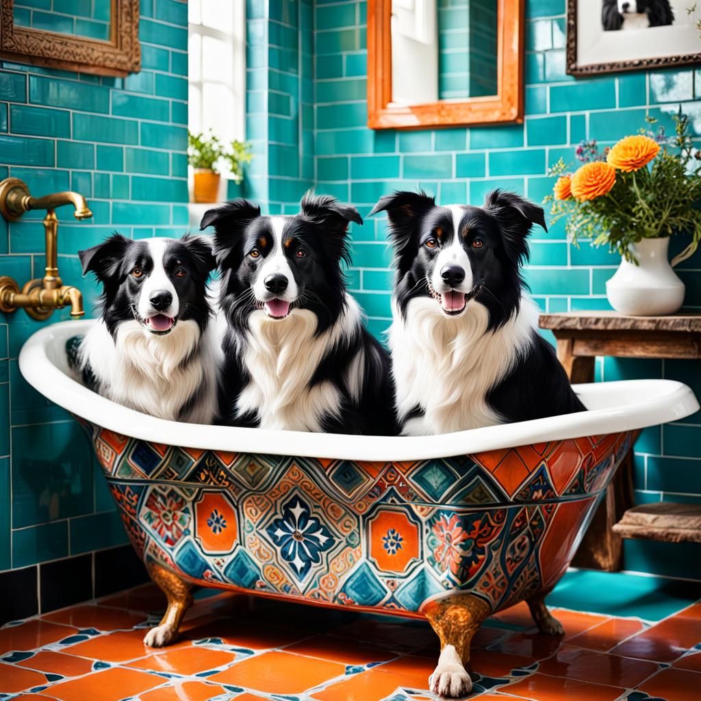 Three Border Collies in a Tiled Bathtub