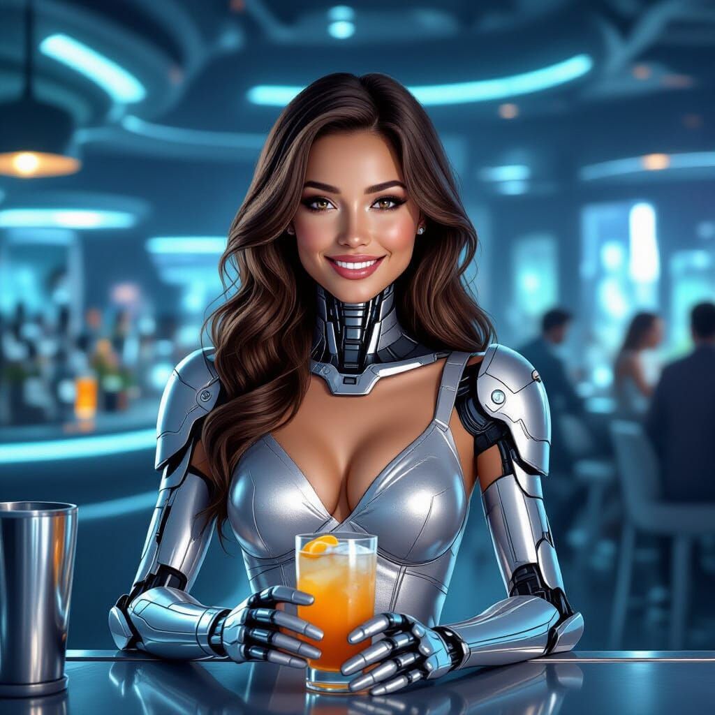 Cyborg Bartender Serves Drink in Futuristic Bar