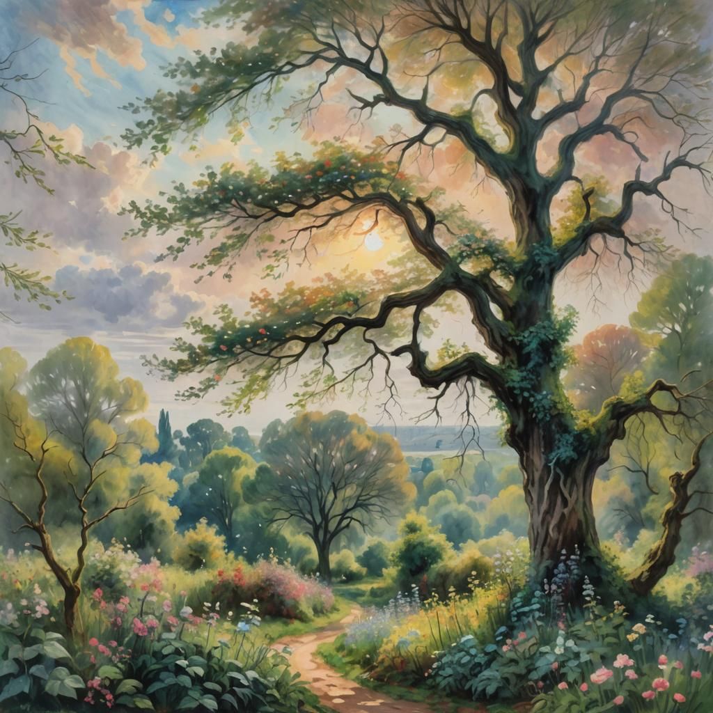 Surreal Tree in Pastel Watercolor Landscape