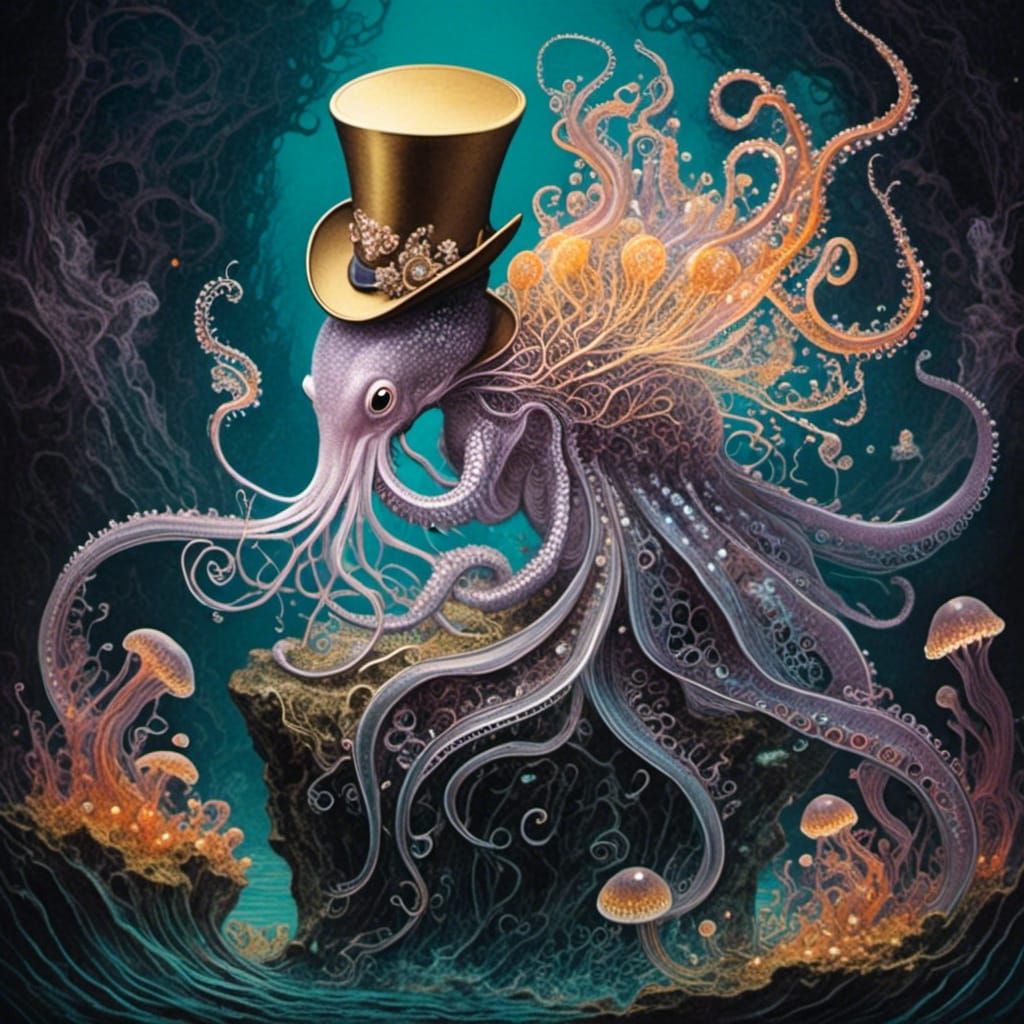 Octopus in Top Hat: Mythical Oil Painting