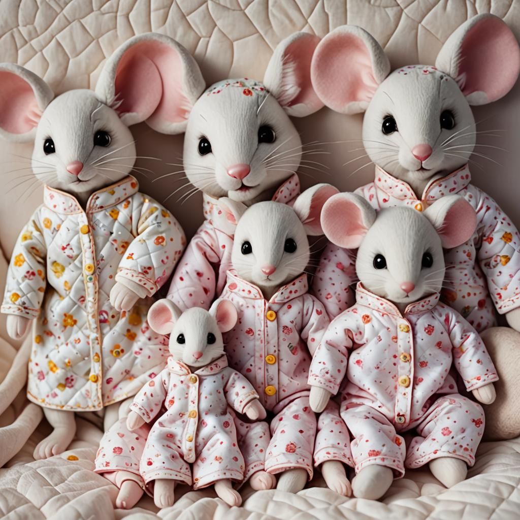 Adorable Mouse Family in Quilted Pajamas