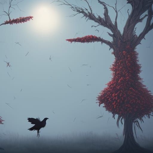 Eerie Crows in Spiky Trees: Tim Burton-esque Digital Art