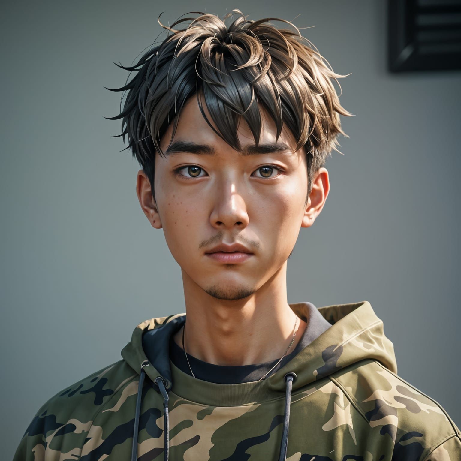 Korean Man in Camo Sweatshirt: 3D Anime Art