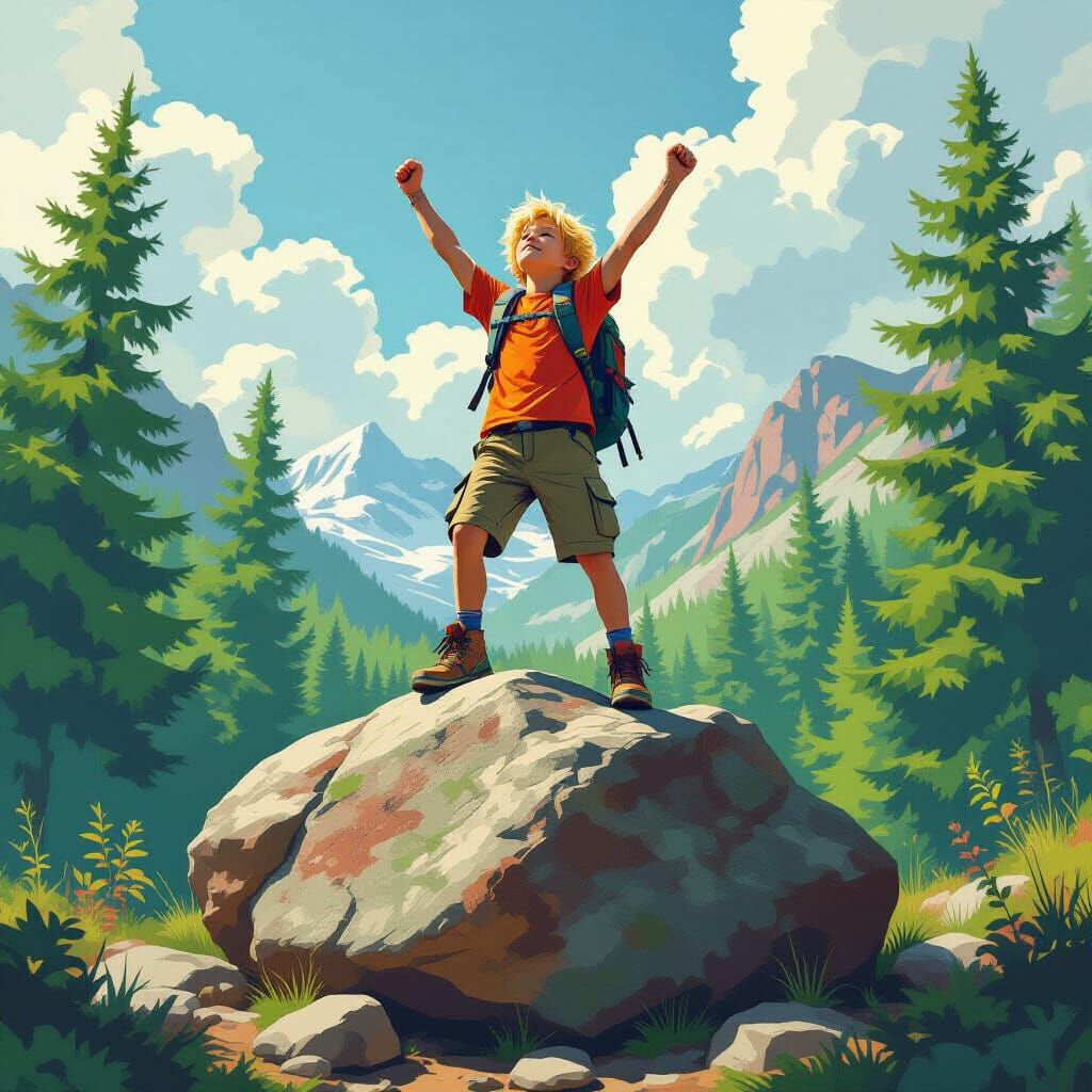 Boy's Triumphant Victory on Forest Boulder