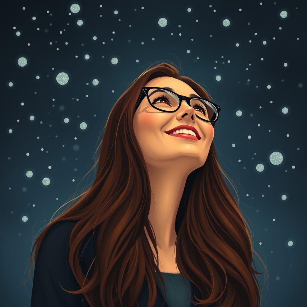 Woman Contemplating Starry Night Sky in Whimsical Artistic S...