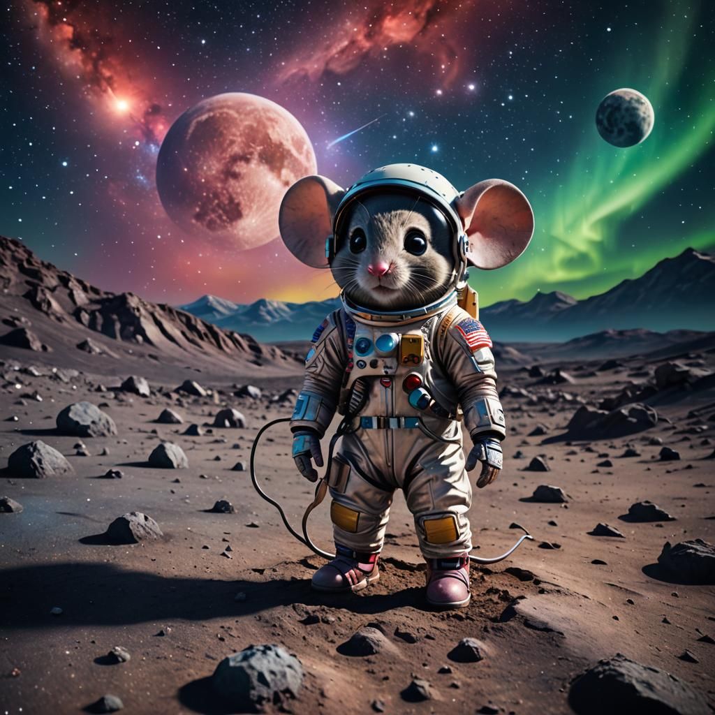 Chibi Mouse Astronaut on the Moon in Astro-Photography Style