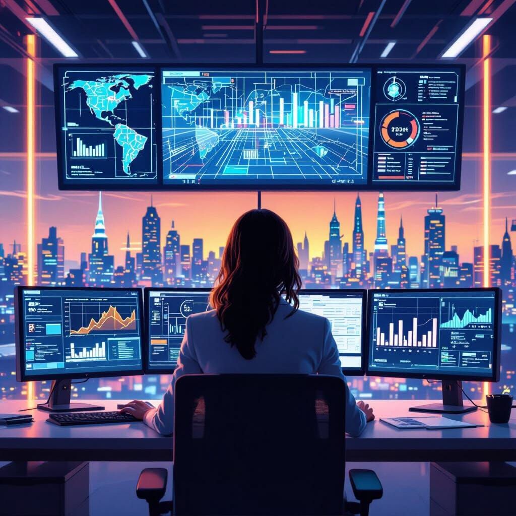 Futuristic Businesswoman Monitoring Infrastructure on Neon D...
