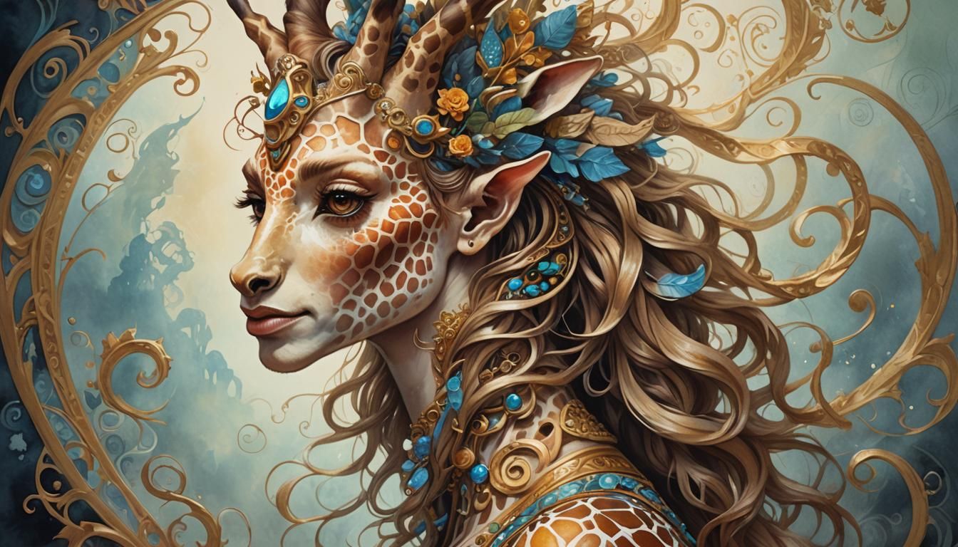 Fantasy Giraffe Girl Portrait in Watercolor Style