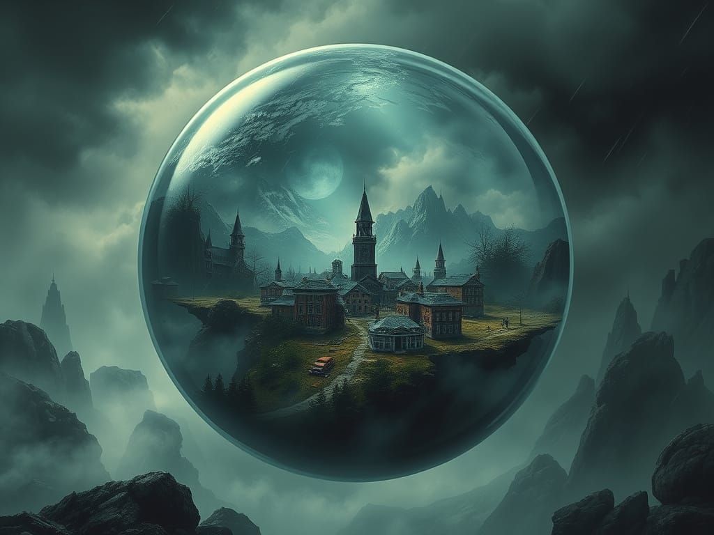 Glass Orb Encapsulates Village in Ominous Landscape